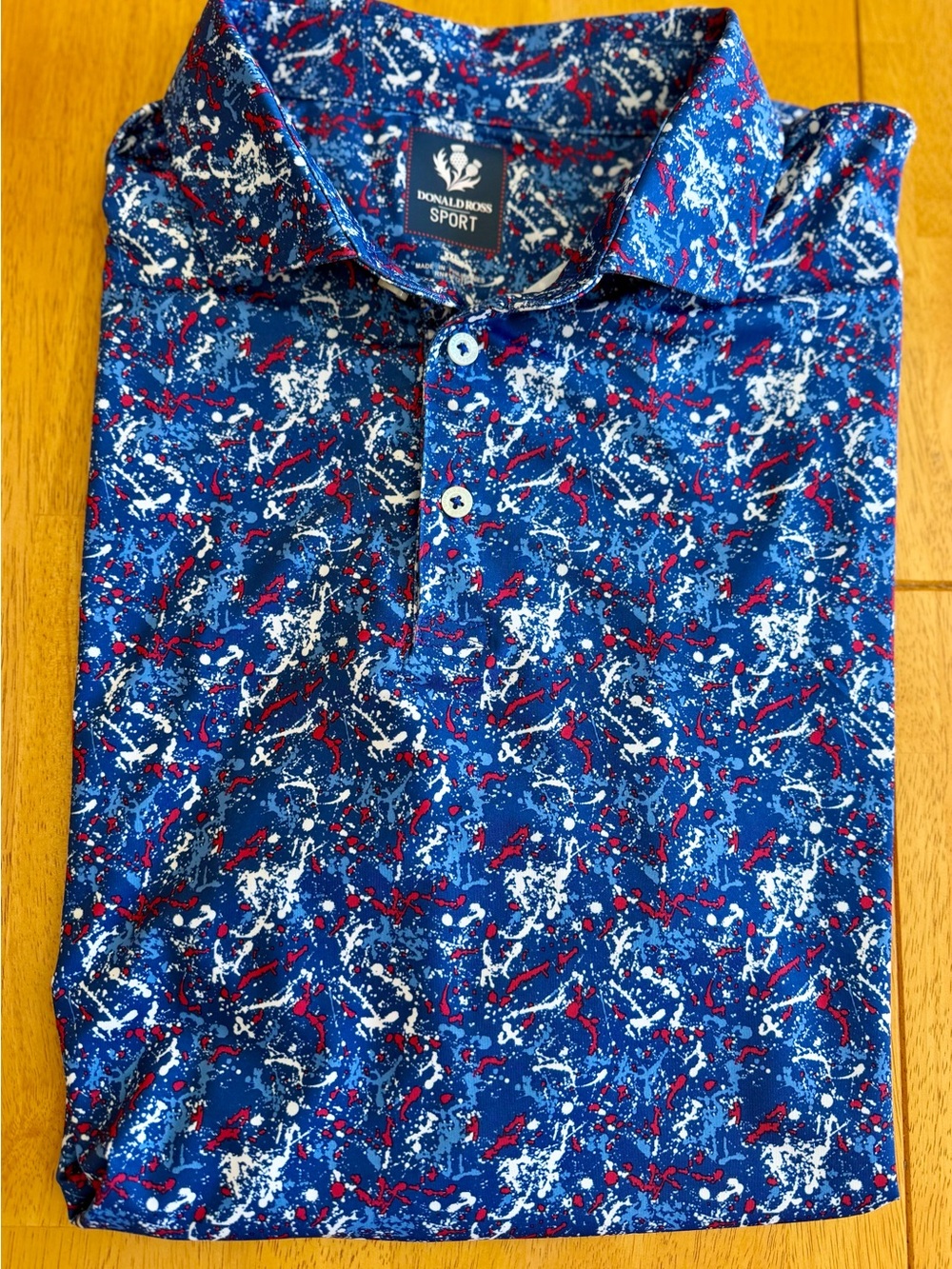 Donald Ross Sport Patriotic Paint Splatter Golf Polo Shirt Blue Red White